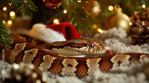 Beautiful snake under a Christmas tree decorated with lights with a red Santa hat