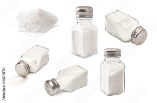 Photos Salt shaker and heap of salt isolated