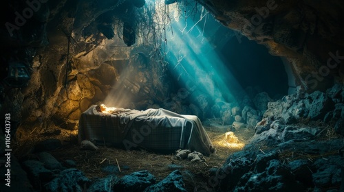 A rustic cave scene with a small bed, checkered bedding, and soft lighting. Natural elements like grass and stones add to the mystical ambiance. photo