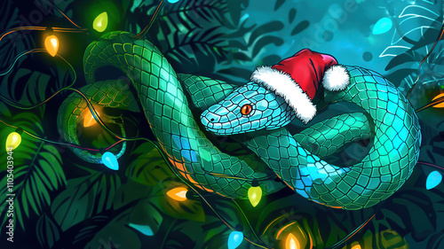 A green snake in a red Santa hat wraps around the branches of a Christmas tree