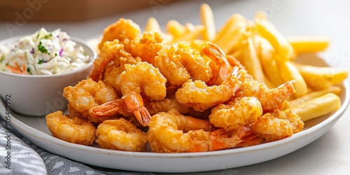 A delicious fried shrimp dinner featuring crispy fried shrimp, paired perfectly with golden french fries, fresh coleslaw, and a flavorful sauce for a delightful meal experience.