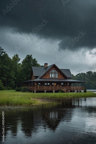 Lake house landscape under rainy weather