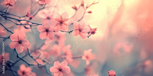 Stunning nature background featuring beautiful sakura pink flowers in spring, enhanced with a vintage retro color filter for a dreamy effect. Enjoy the beauty of sakura blossoms in this serene scene.