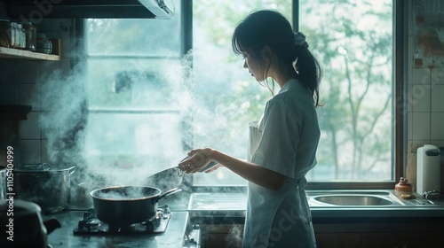 Atmospheric scene of a young woman cooking in a steamy kitchen. Soft natural light streams through window as she prepares food, creating a peaceful domestic moment filled with gentle vapor photo