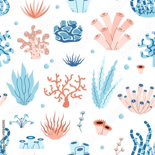 Seamless pattern with seaweed, coral, reef, algae, sea plants. Ocean underwater theme. Flat vector illustration