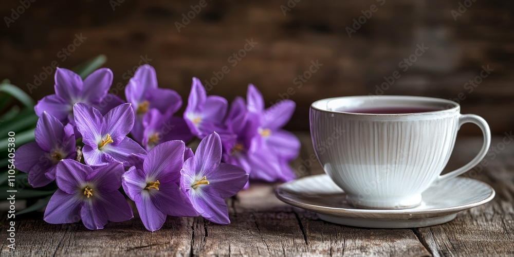 Fragrant purple narcissus flowers displayed alongside a tea cup create a beautiful ambiance. Enjoy the beauty of fragrant purple narcissus with a warm cup of tea on a rustic wooden background. Fragrant purple narcissus flowers displayed alongside a tea cup create a beautiful ambiance. Enjoy the beauty of fragrant purple narcissus with a warm cup of tea on a rustic wooden background.