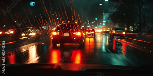 Night road scene captured from inside a car, featuring a night road with motion blurred cars creating a dynamic image of a night road experience. This night road perspective emphasizes movement.