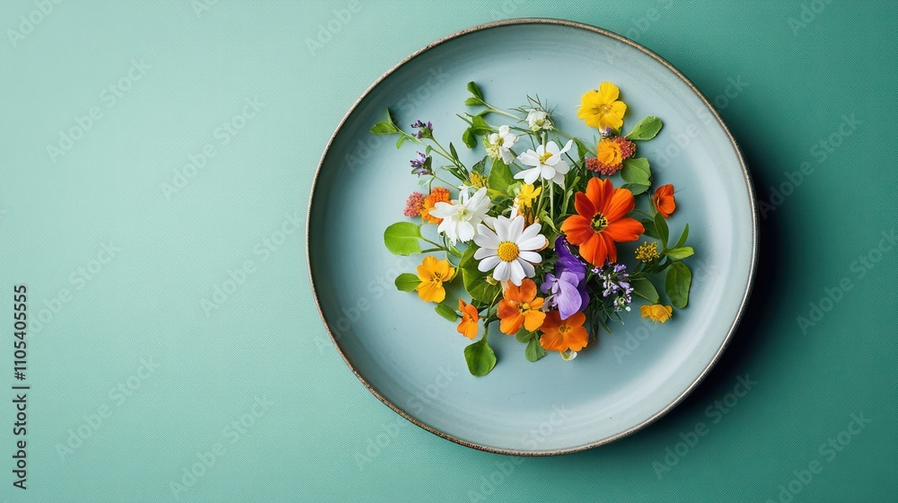 Fototapeta premium Flowers used as garnish in a dish, set on a serene green backdrop for elegance