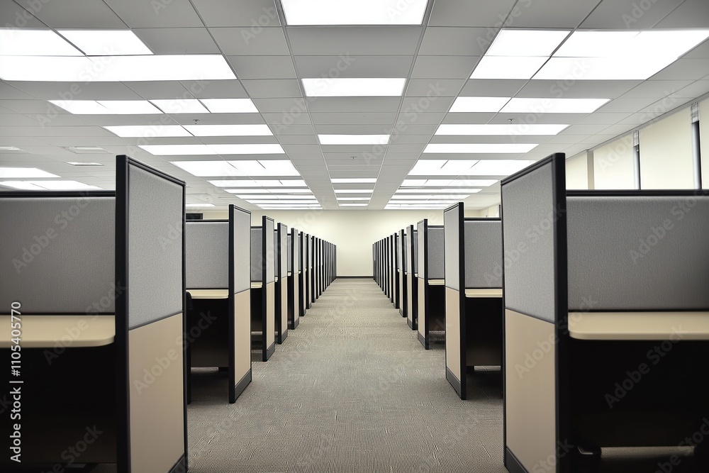 Obraz premium Empty office cubicle space stretches out in long hallway. Rows of beige, gray cubicles line corridor. Modern lighting illuminates minimalist workspace. Scene evokes feeling of emptiness, quiet in