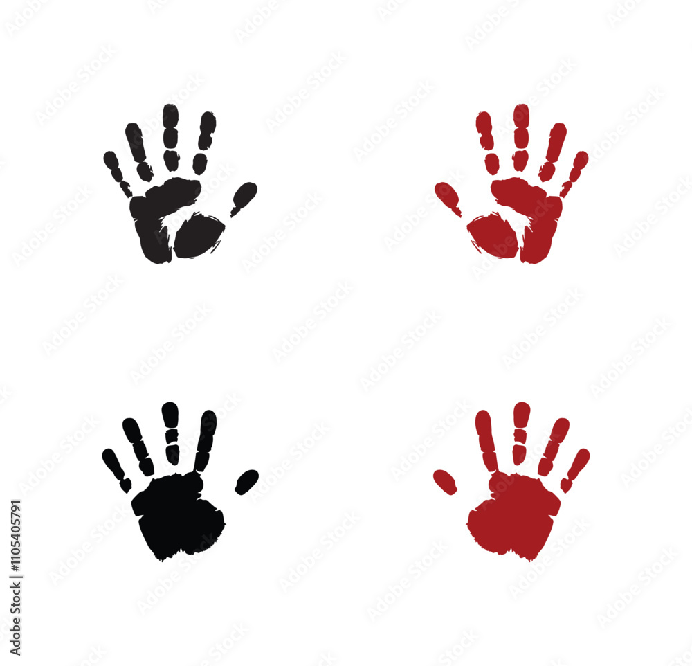 A set of a silhouette handprint On white background. A red blood hand finger print. A set of a silhouette handprint On white background. A red blood hand finger print.