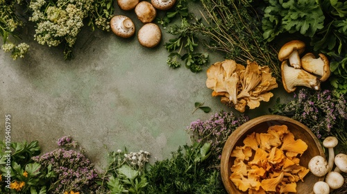 Foraged ingredients like wild mushrooms and herbs displayed, with a lush green background symbolizing nature bounty. photo