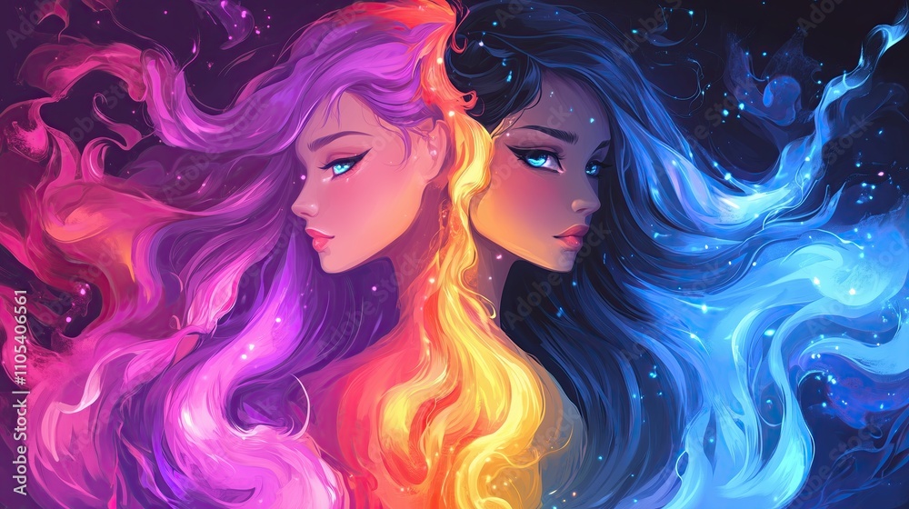Celestial duo, colorful emotional expression illustration Celestial duo, colorful emotional expression illustration