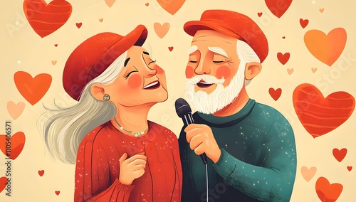 An elderly Caucasian couple sings along to a microphone, surrounded by hearts.  A heartwarming illustration of love and togetherness. photo