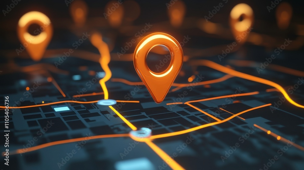Fototapeta premium Detailed 3D Visualization of Navigation Markers and Digital Map Elements with Bright Orange Accents Representing Modern Location Services and Smart City Technology