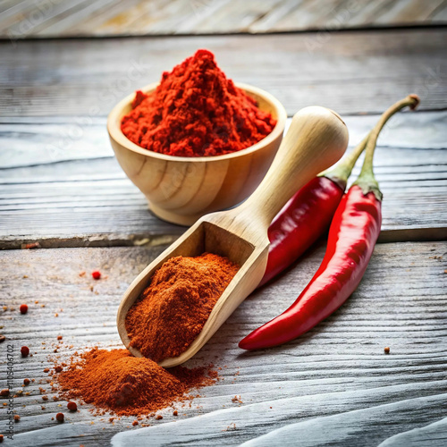 Chili powder placed in a small bowl, surrounded by whole red peppers and a piece of wood,