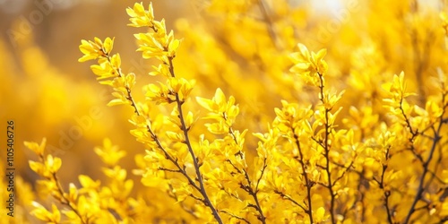 Vibrant yellow shrub basking in the sunshine, with a singular sharp point of a stick in the lower left corner. The diffused background enhances the striking yellow tones throughout the scene.