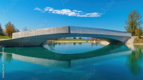 Modern bridge over a vibrant blue lake, clear sky reflection, architectural design, tranquil setting, scenic landscape, travel inspiration, peaceful environment.