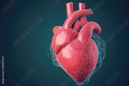Futuristic heart anatomy network, intricate cardiological structures, innovative medicine, low poly wireframe design, advanced technology integration