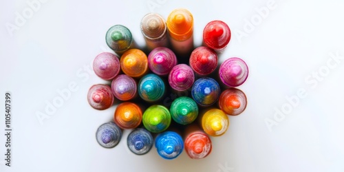 Colorful crayon arrangement captured from above, showcasing a shallow depth of field for a dreamy effect. This macro image highlights an array of vibrant wax crayons on a white backdrop, perfect for