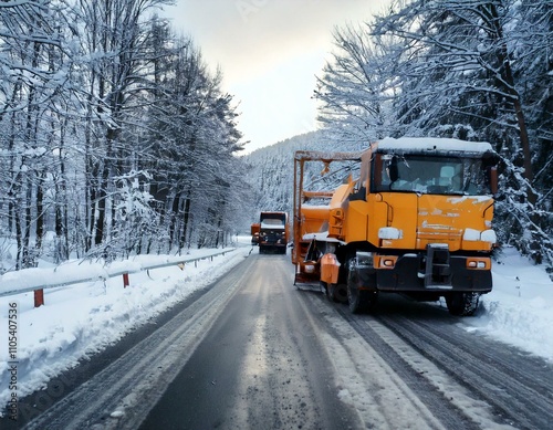 snowy road cleaning works, snow plowing and road closing