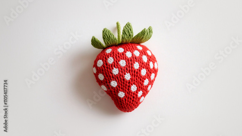 Knitted bright red strawberry with big white dots, an exclusive handmade product on white background.