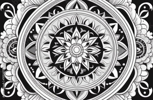 A symmetrical black and white mandala featuring a central floral design surrounded by intricate geometric patterns and ornamental details, set against a bold black background photo