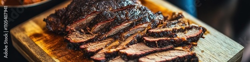 Juicy sliced beef brisket on wooden board