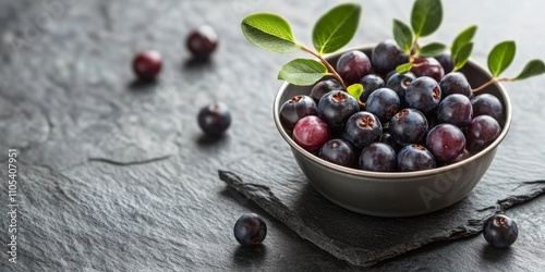 Fresh bilberry displayed in a tin bowl on a gray slate surface, showcasing the vibrant colors and textures of bilberry, perfect for culinary or health related concepts featuring bilberry. photo