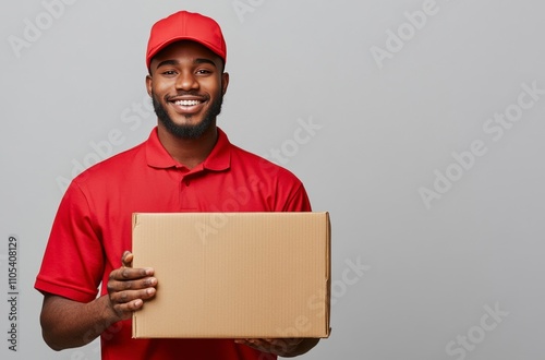 Smiling Black delivery man in red uniform holds a plain cardboard box against a gray background.