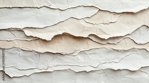 Textured composition of torn paper in neutral tones on a flat surface