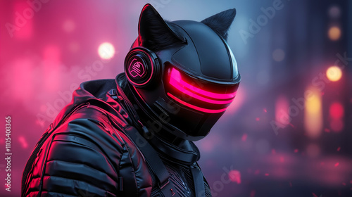 A man in a black cat mask with red lights on his head photo