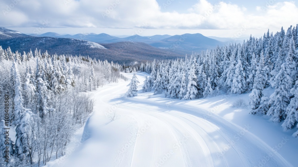 Serene Winter Landscape with Snow-Covered Trees and Vast Mountain Range Under a Bright Blue Sky in a Peaceful and Tranquil Environment Serene Winter Landscape with Snow-Covered Trees and Vast Mountain Range Under a Bright Blue Sky in a Peaceful and Tranquil Environment