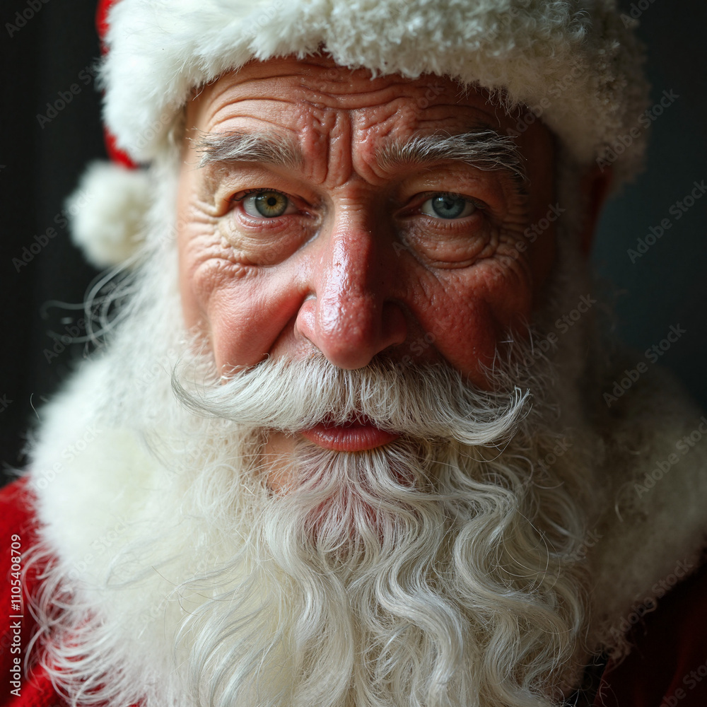 photograph, close-up, elderly man, Santa Claus, red suit, white beard, blue eyes, wrinkles, serious expression, Christmas, studio lighting. photograph, close-up, elderly man, Santa Claus, red suit, white beard, blue eyes, wrinkles, serious expression, Christmas, studio lighting.