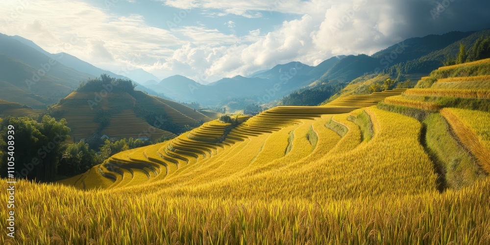 Golden rice fields showcasing a vibrant harvest, highlighting the beauty and abundance of rice cultivation. Experience the richness of golden rice fields through this captivating image.