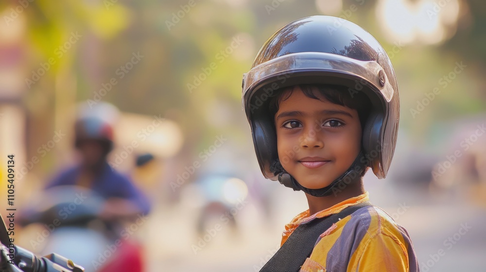 Young Boy in Motorcycle Helmet Smiling on Street, Ready for Adventure, with Sunlight Bokeh in Background Creating a Warm Ambiance, Outdoor Setting, Joyful Mood Young Boy in Motorcycle Helmet Smiling on Street, Ready for Adventure, with Sunlight Bokeh in Background Creating a Warm Ambiance, Outdoor Setting, Joyful Mood