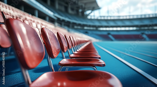 Empty stadium chairs surrounding the track of an awaiting spectator event, 8k, hyper realistic photo