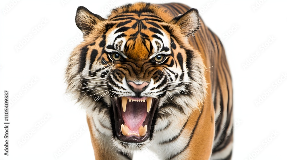 Close-up of a majestic tiger with its mouth open, revealing sharp teeth. The orange and black stripes are clearly visible against a white background. Close-up of a majestic tiger with its mouth open, revealing sharp teeth. The orange and black stripes are clearly visible against a white background.