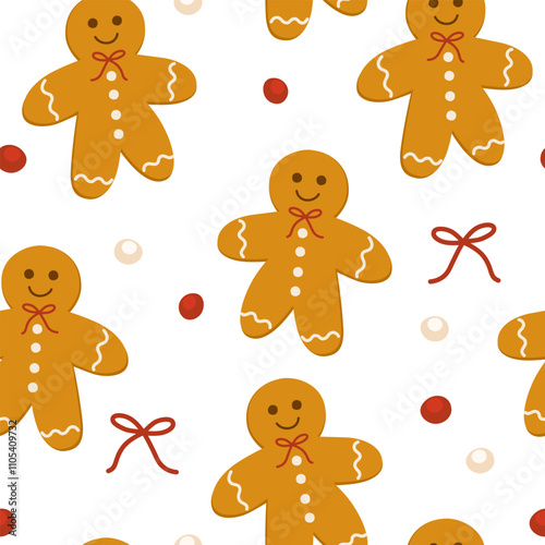Gingerbread man seamless pattern. Christmas cookies, ginger biscuits, candies, Xmas sweets, spices background. Winter holiday bakery and treats, repeating print. Colored flat vector illustration