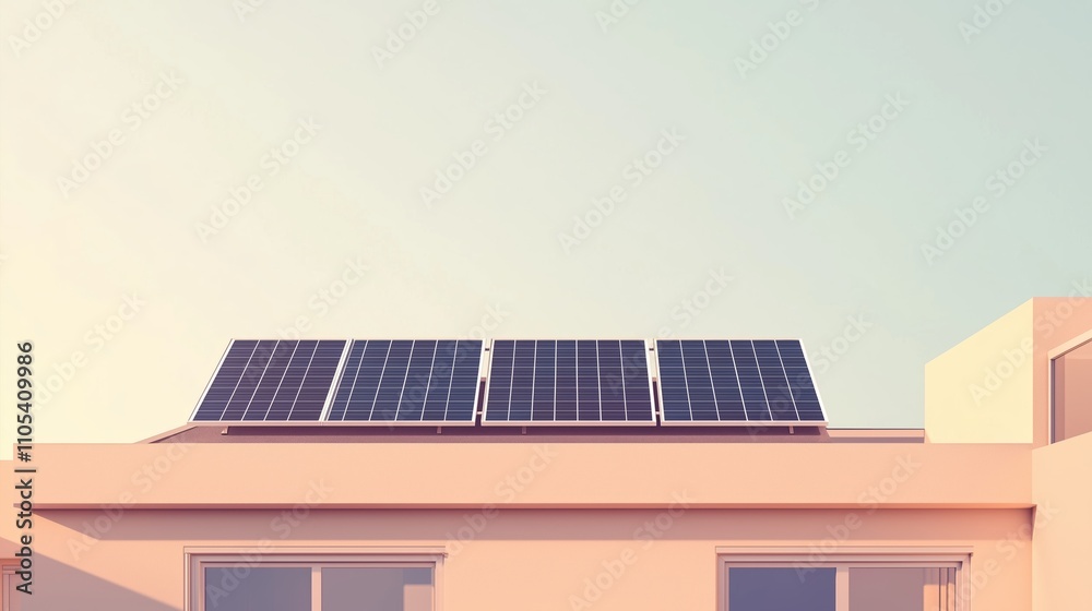 Fototapeta premium Rooftop solar panels with clean lines, absorbing sunlight.