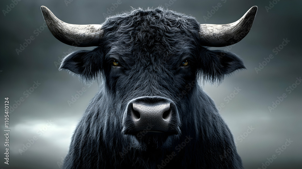 A Close-Up Portrait of a Powerful Black Bull with Sharp Horns and Intense Eyes, Standing Against a Dramatic Stormy Sky, Illustrating the Force and Strength of Nature A Close-Up Portrait of a Powerful Black Bull with Sharp Horns and Intense Eyes, Standing Against a Dramatic Stormy Sky, Illustrating the Force and Strength of Nature