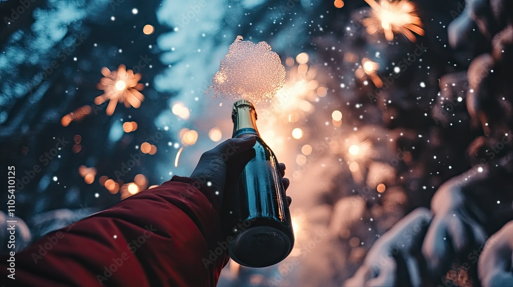A hand gripping a champagne bottle, foam gushing as the cork pops under fireworks in the night sky. A hand gripping a champagne bottle, foam gushing as the cork pops under fireworks in the night sky.