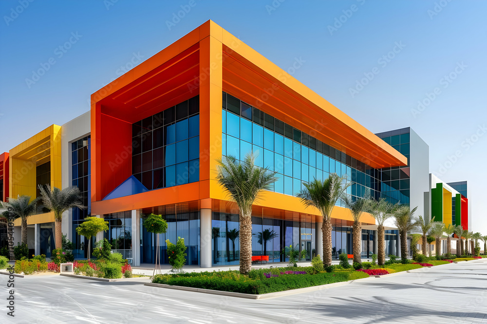 Vibrant Modern Commercial Building with Colorful Facade and Palm Trees Vibrant Modern Commercial Building with Colorful Facade and Palm Trees