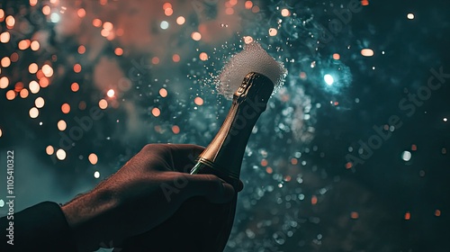 A hand gripping a champagne bottle, foam gushing as the cork pops under fireworks in the night sky. photo