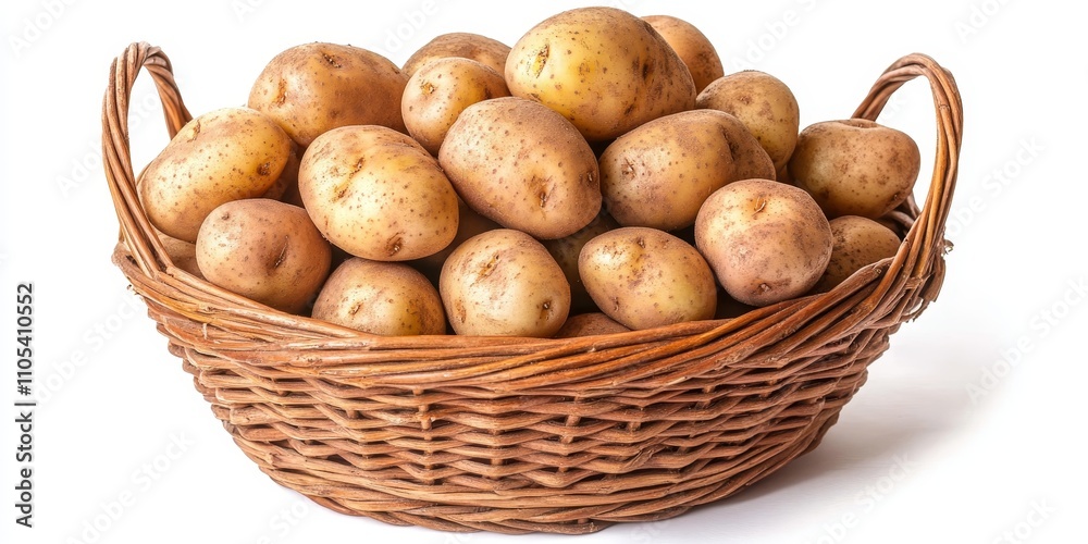 Basket filled with fresh potatoes isolated on a clean white background, showcasing the natural texture and color of the potatoes, ideal for food related projects featuring potatoes. Basket filled with fresh potatoes isolated on a clean white background, showcasing the natural texture and color of the potatoes, ideal for food related projects featuring potatoes.