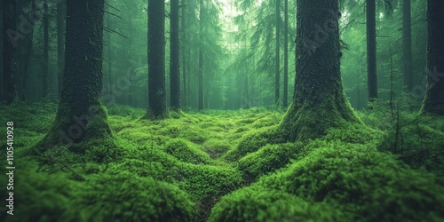 Tranquil Finnish forest scene capturing a silent moment amid lush greenery. This peaceful atmosphere features moss covered ground and has a vintage effect enhancing the serene Finnish forest beauty.