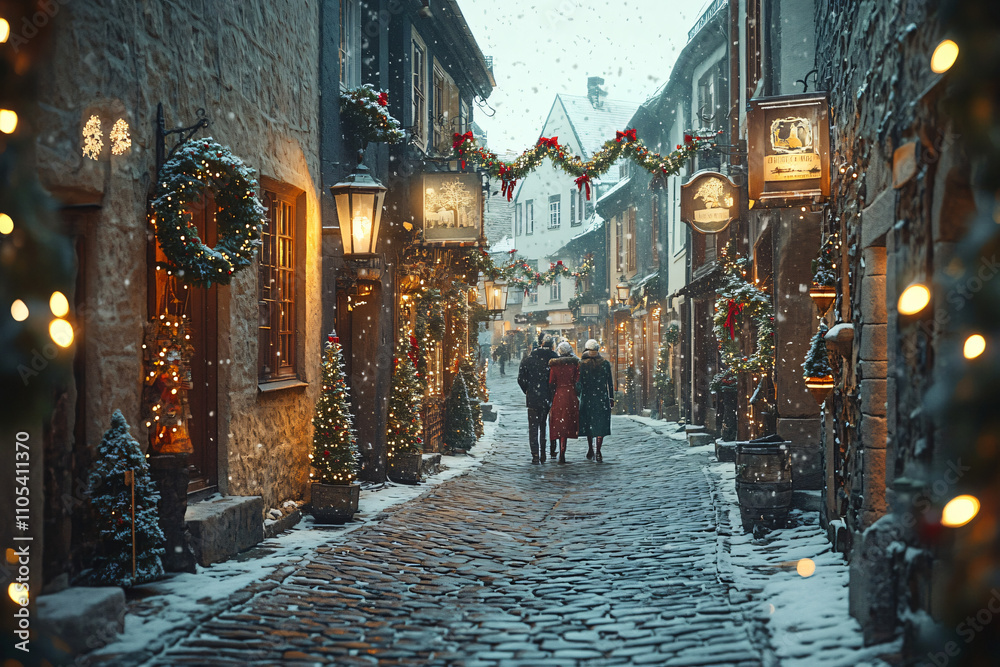 Holiday magic: Snow falling on a Christmas-decorated cobblestone street with couples walking Holiday magic: Snow falling on a Christmas-decorated cobblestone street with couples walking