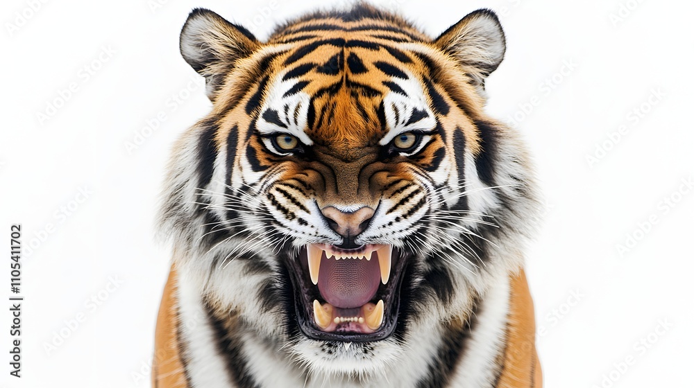 Obraz premium Close-up of a snarling tiger against a white background. Its intense gaze and bared teeth create a powerful image.