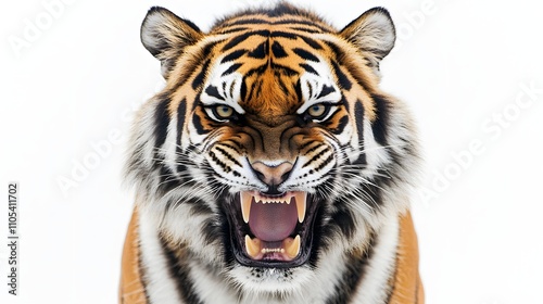Close-up of a snarling tiger against a white background. Its intense gaze and bared teeth create a powerful image.