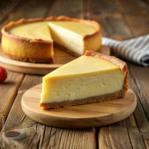 A classic cheesecake placed on a wooden table, showcasing its creamy texture and smooth top, with a hint of fruit