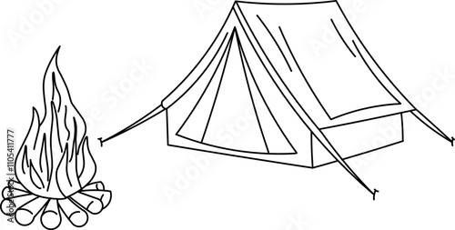 Black and white illustration of a camping tent and a campfire, perfect for outdoor adventure, travel themes, or nature-inspired designs